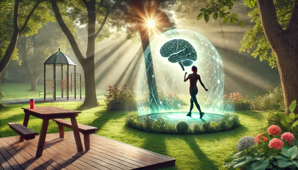 A morning workout scene in a peaceful park, where a person is doing light exercises surrounded by fresh air and nature. The environment radiates energy and focus, symbolizing the connection between physical activity and improved memory.