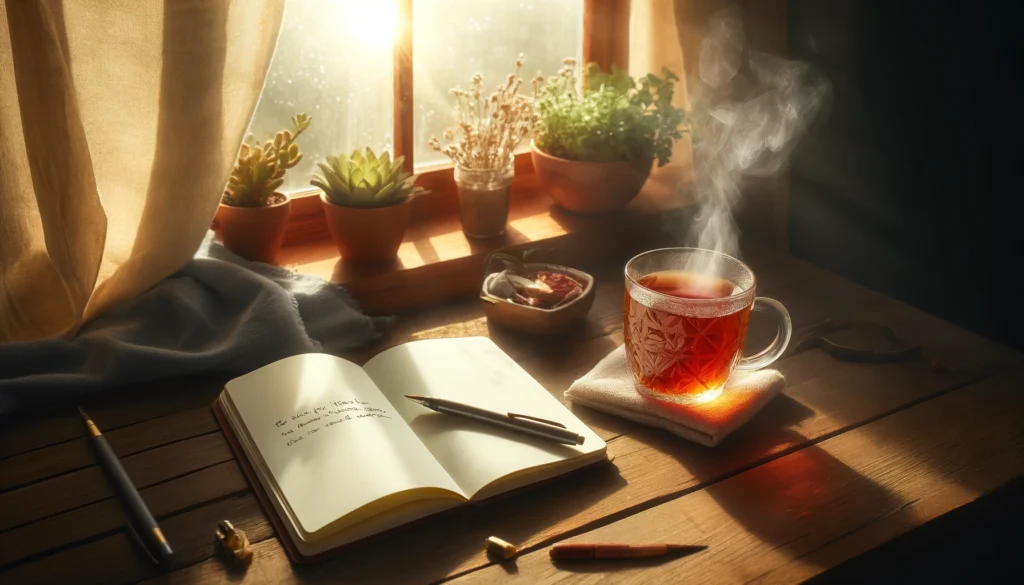 A cozy morning journaling scene with a steaming cup of herbal tea, a notebook, and a peaceful atmosphere by a sunlit window. The moment represents reflective writing as a technique to boost memory and mental clarity.