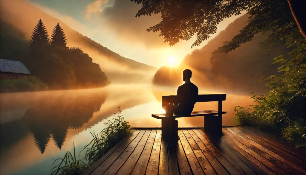 "A tranquil image of a person sitting on a wooden bench by a riverside at dawn, surrounded by soft morning light and mist, reflecting quiet introspection and staying motivated through mindfulness."