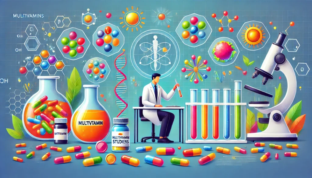 A scientist in a laboratory conducting research on multivitamin supplements, surrounded by colorful capsules, molecular diagrams, and test tubes, symbolizing scientific studies on multivitamin effectiveness