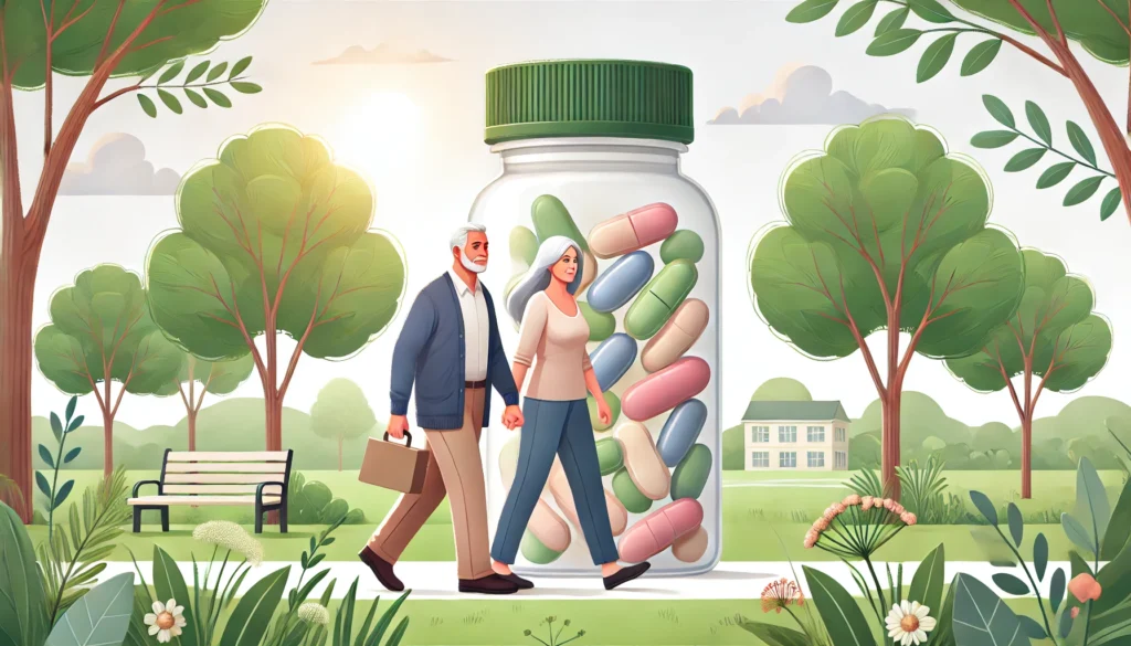 An aging couple walking through a park, holding a multivitamin bottle, symbolizing the importance of supplements in supporting cognitive health and active aging, with lush greenery and soft sunlight in the background