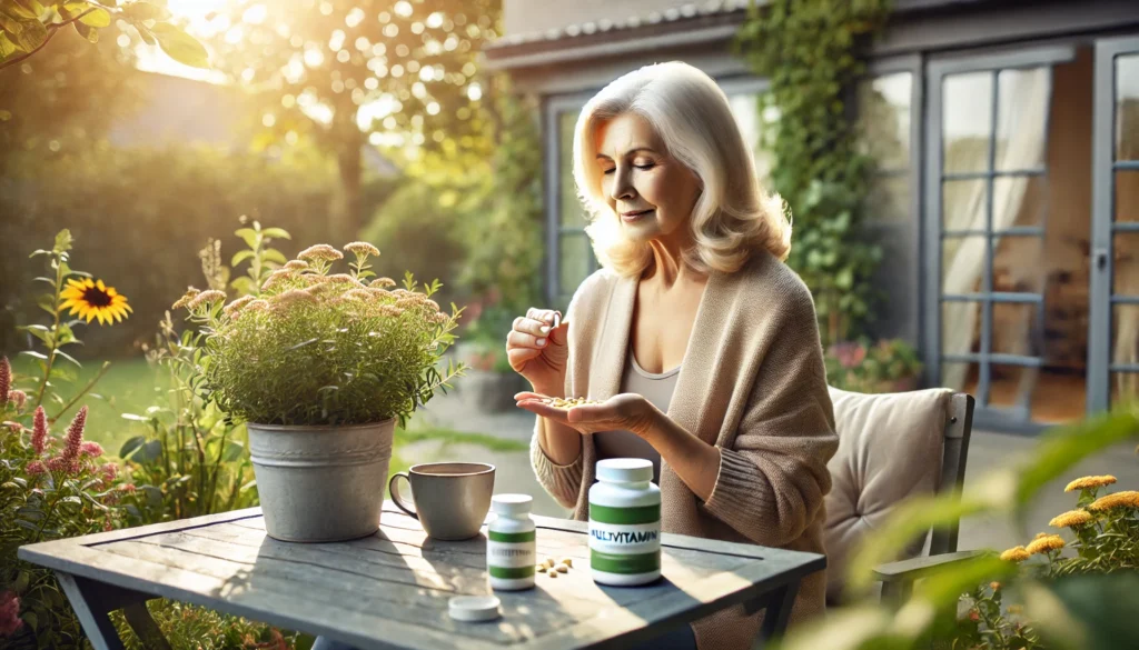 An elderly woman sitting outdoors on her patio, enjoying a peaceful morning with tea. A multivitamin bottle is placed on the table, surrounded by lush greenery and soft morning light, symbolizing calm and health