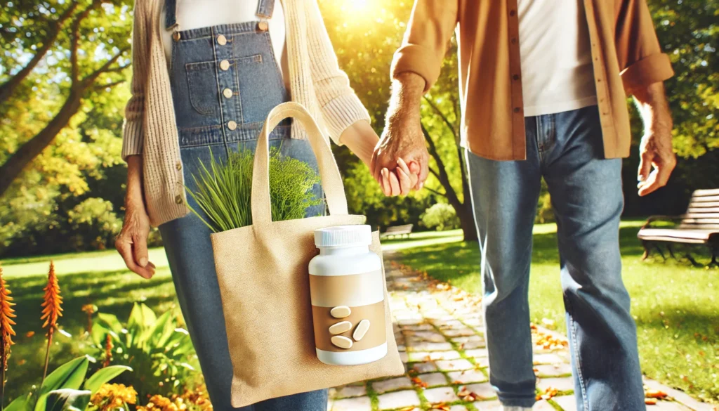 An elderly couple walking hand-in-hand through a sunny park, with one carrying a non-branded multivitamin bottle in a tote bag. The vibrant greenery and cheerful scene emphasize vitality and active aging
