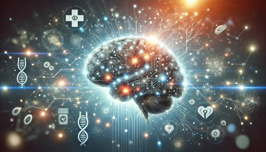 An abstract representation of the human brain with glowing light connections and floating medical symbols, highlighting breakthroughs in new medications for memory loss.