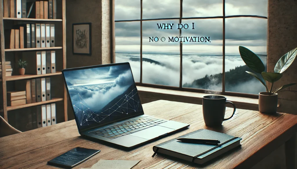 A serene but slightly empty office desk with a closed laptop, an untouched notebook, and a mug, positioned next to a large window with overcast skies outside. The scene reflects a mood of introspection and lack of drive, aligned with the theme 'why do I have no motivation'.