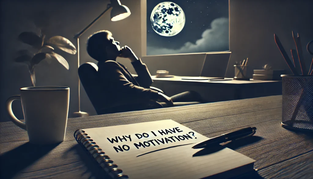 A quiet, dimly lit workspace featuring a person leaning back in a chair, gazing at the ceiling with a thoughtful expression. The desk is sparsely populated with a notebook, pen, and a cup of coffee, symbolizing the reflective theme of 'why do I have no motivation'.