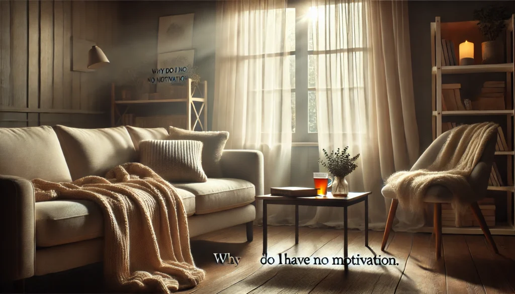 A calming living room scene with a cozy sofa, soft blankets, and a cup of tea on a coffee table, illuminated by gentle afternoon light streaming through sheer curtains. The atmosphere conveys introspection and self-care, resonating with the theme 'why do I have no motivation'.