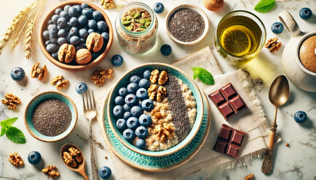 A vibrant breakfast spread featuring oatmeal with blueberries, chia seeds, and walnuts, accompanied by green tea and dark chocolate for nervous system health