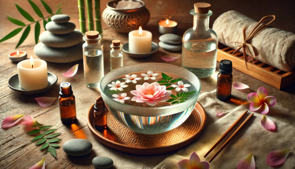A serene spa scene featuring a bowl of water infused with essential oil blends for anxiety and panic attacks, surrounded by floating petals and natural elements for relaxation.