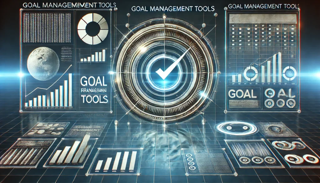 A futuristic interface with interactive goal tracking elements, symbolizing efficiency and innovation in goal management