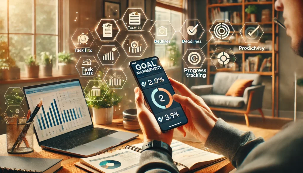 A person using a mobile app to track goals while working remotely, highlighting flexibility and productivity