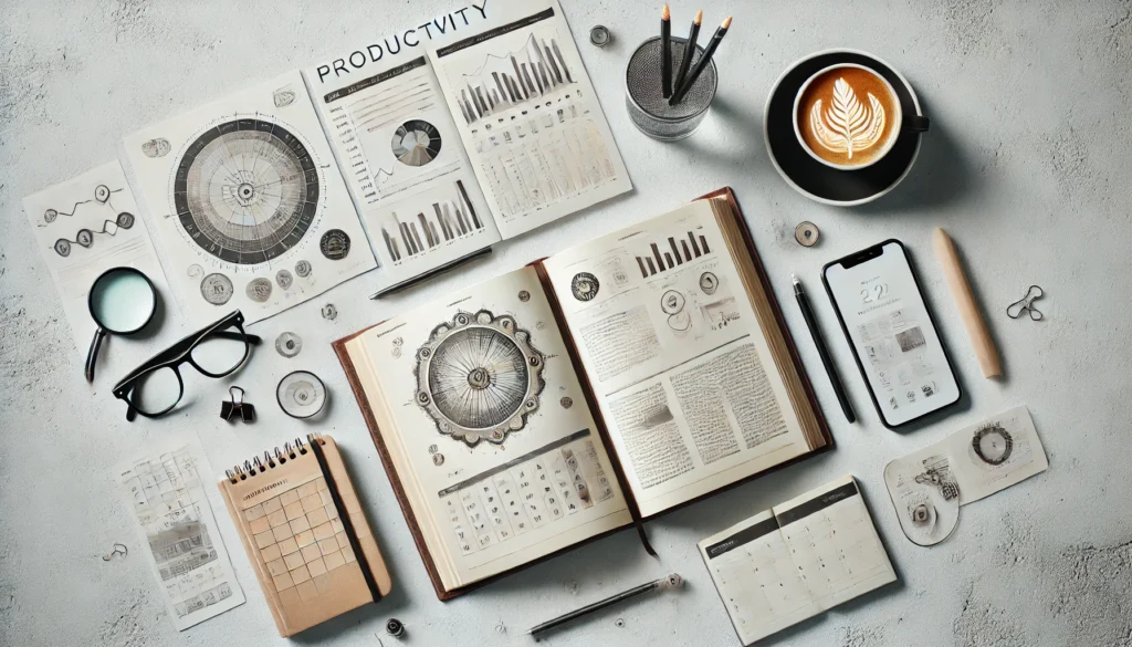 An overhead view of a workspace featuring an open productivity book, a planner, and a cup of coffee, symbolizing focus and organization. The background has a minimalist and clean aesthetic, creating a sense of efficiency and balance