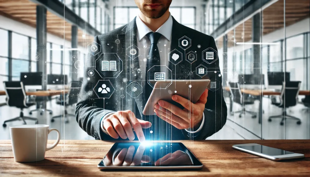 A professional using a tablet and productivity app in a bright, modern office space, symbolizing digital tools for efficiency and organization. The background features sleek furniture and large windows, creating an inspiring and focused atmosphere