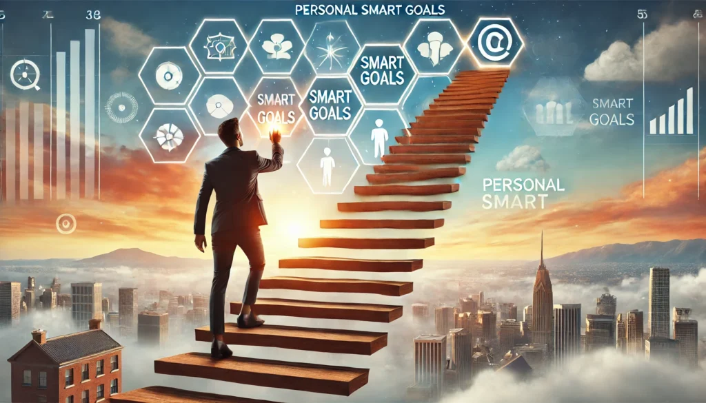 A person climbing a staircase, symbolizing progress and achievement through structured goal-setting
