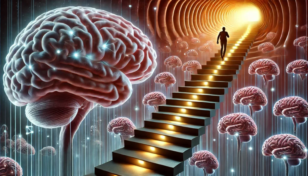 A surreal visualization of a person climbing a staircase inside a giant brain, each step glowing as they progress, symbolizing memory recall improvement. The steps represent different memory techniques and cognitive growth.