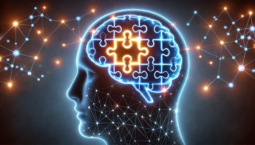 A symbolic image of a glowing puzzle piece fitting into a human brain, representing techniques to enhance memory recall. The illuminated connections between the brain and the puzzle piece emphasize learning and cognitive improvement.