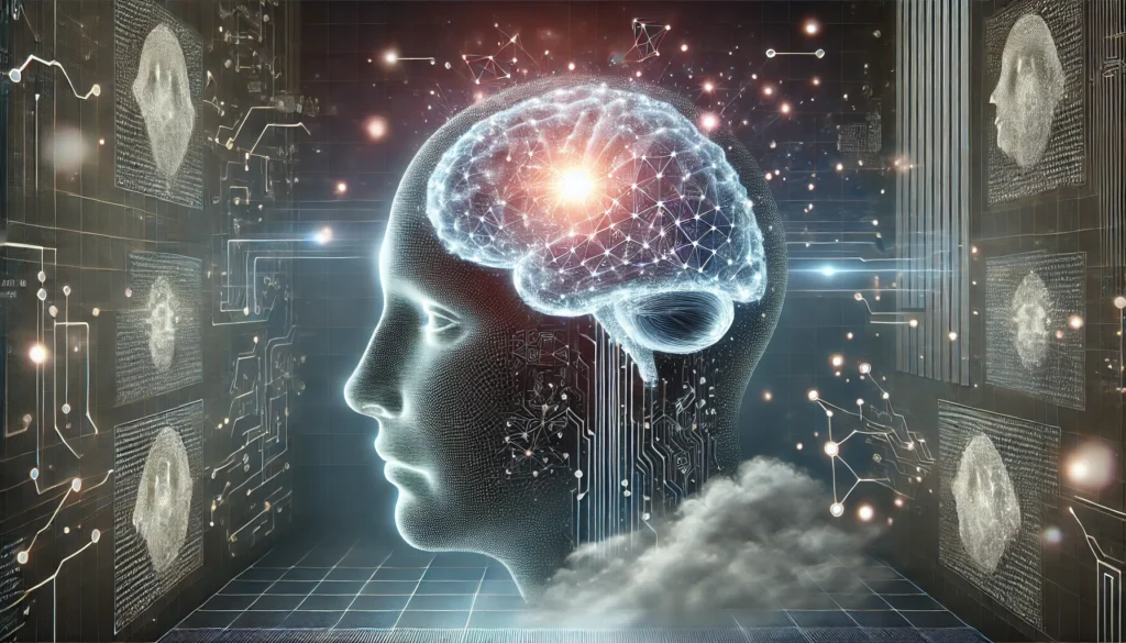 A futuristic visualization of a brain connected to a glowing memory network, symbolizing the use of techniques to enhance recall. The brain is surrounded by neural links and digital pathways, illustrating cognitive reinforcement.