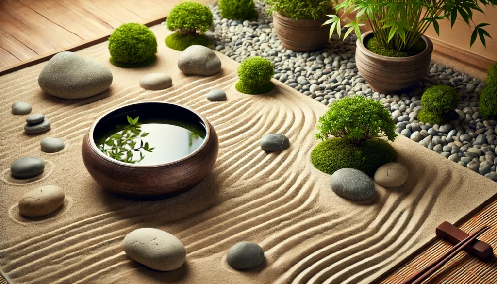 A peaceful zen garden with raked sand patterns and smooth stones, embodying stress relief synonym with minimalist beauty.