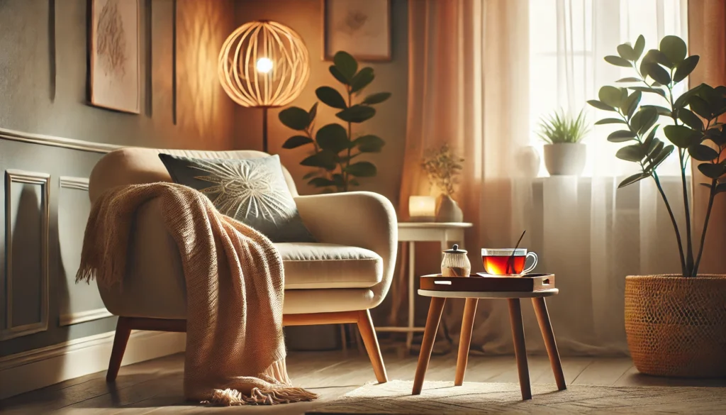 A cozy living room with soft lighting and a warm blanket, representing stress relief synonym by fostering a calming home environment.