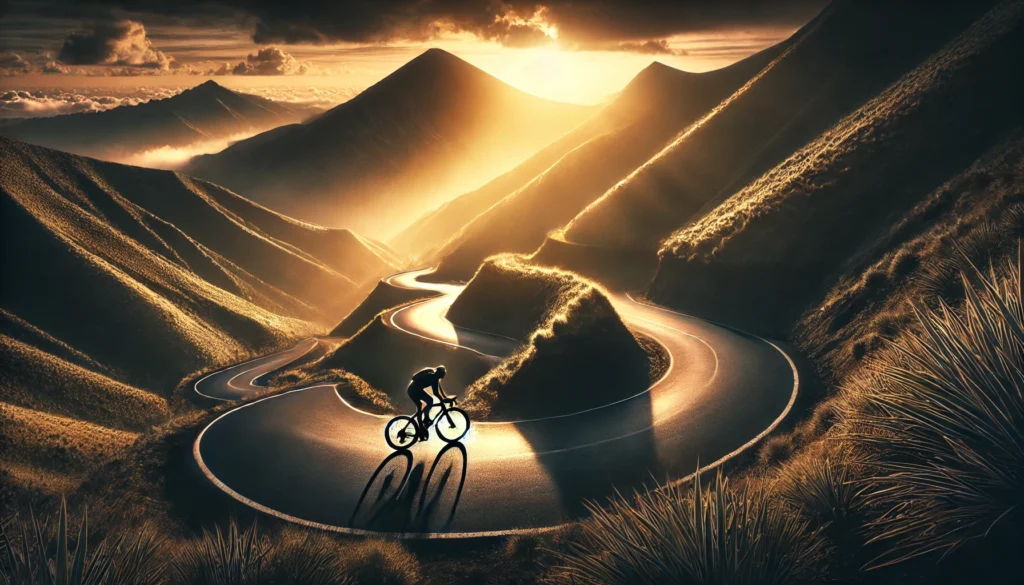 A determined cyclist climbing a winding mountain road at sunrise, embodying self-motivation and perseverance, with sunlight casting dramatic shadows on the rugged landscape.