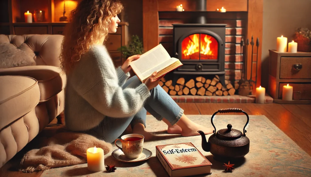 A cozy living room with a woman sitting by a fireplace, reading a self-esteem book with a cup of tea, creating a warm and introspective atmosphere
