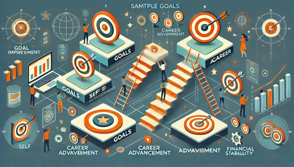 Concept illustration of a goal-setting framework with levels representing sample goals and objectives, such as self-improvement, career advancement, and financial stability, featuring ladders, targets, and milestones