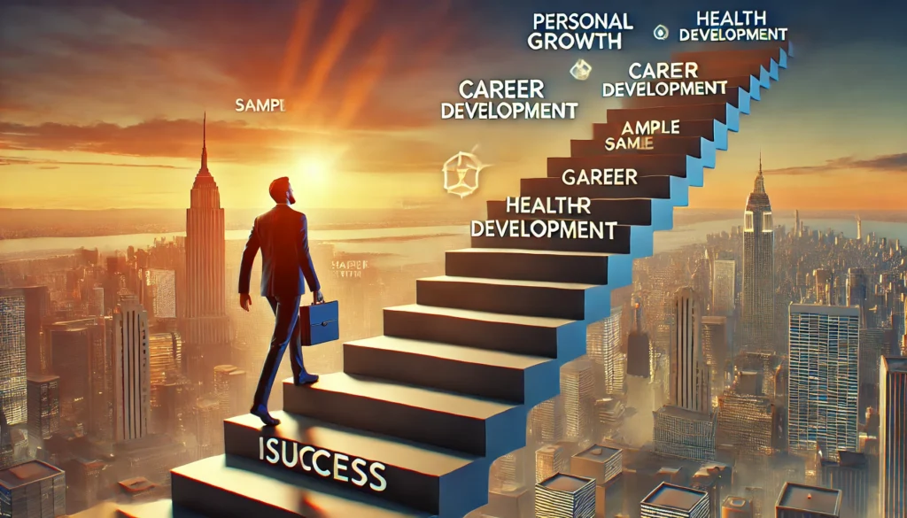 Inspiring visual of a person climbing a staircase with each step representing sample goals and objectives such as personal growth, career development, and health improvement, symbolizing progress and strategic planning