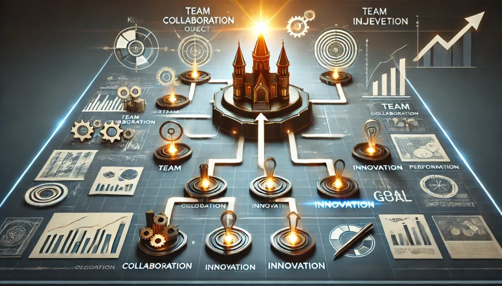 Business-oriented concept of a strategic roadmap with sample goals and objectives such as team collaboration, innovation, and performance improvement, featuring directional arrows and progress indicators.