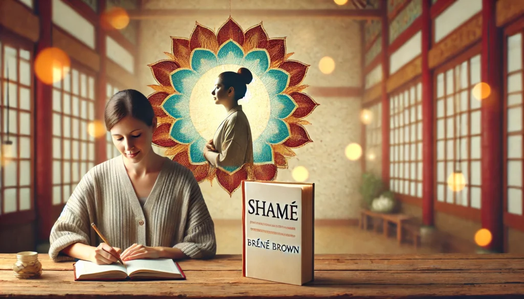 A peaceful woman journaling at a wooden desk, reflecting on self-worth and personal growth after reading a book inspired by Brené Brown’s shame research. The background features a soft-lit room with a warm ambiance, symbolizing introspection and healing