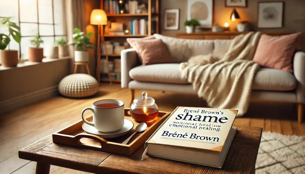 A cozy scene of an open book on self-acceptance and emotional healing, inspired by Brené Brown’s shame research, placed on a wooden coffee table next to a cup of tea. The background features a softly lit living space with a warm, inviting atmosphere, symbolizing self-reflection and personal growth