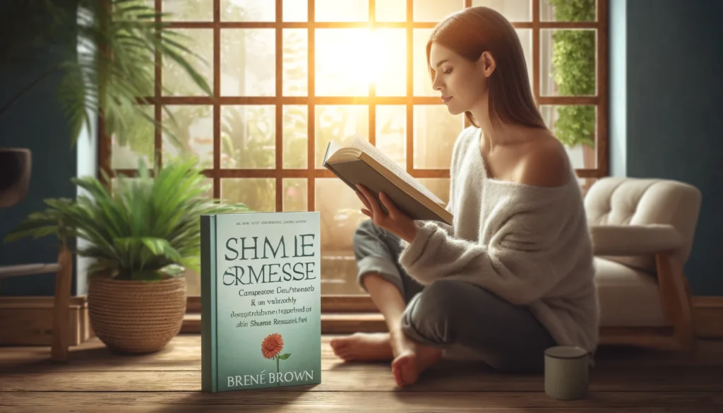A serene woman sitting by a large window with natural light streaming in, reading a book on self-compassion and vulnerability, inspired by Brené Brown’s shame research. The background features a tranquil indoor space with plants and a cozy armchair, symbolizing emotional growth and inner peace