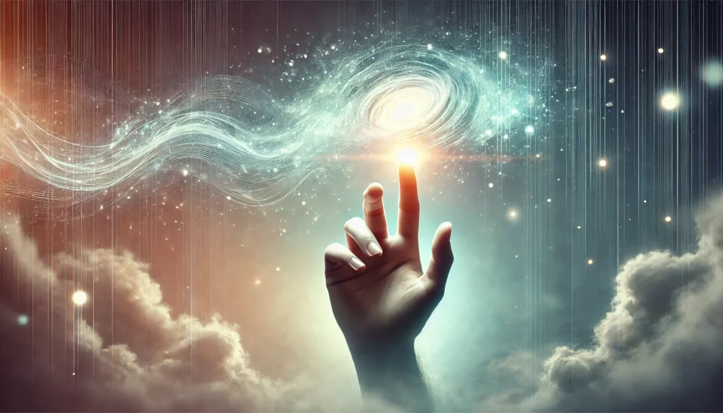 A symbolic representation of short-term memory recall, depicting a human hand reaching out to grasp a glowing, fading thought bubble. The dreamy, misty background emphasizes the brief and transient nature of short-term memories.