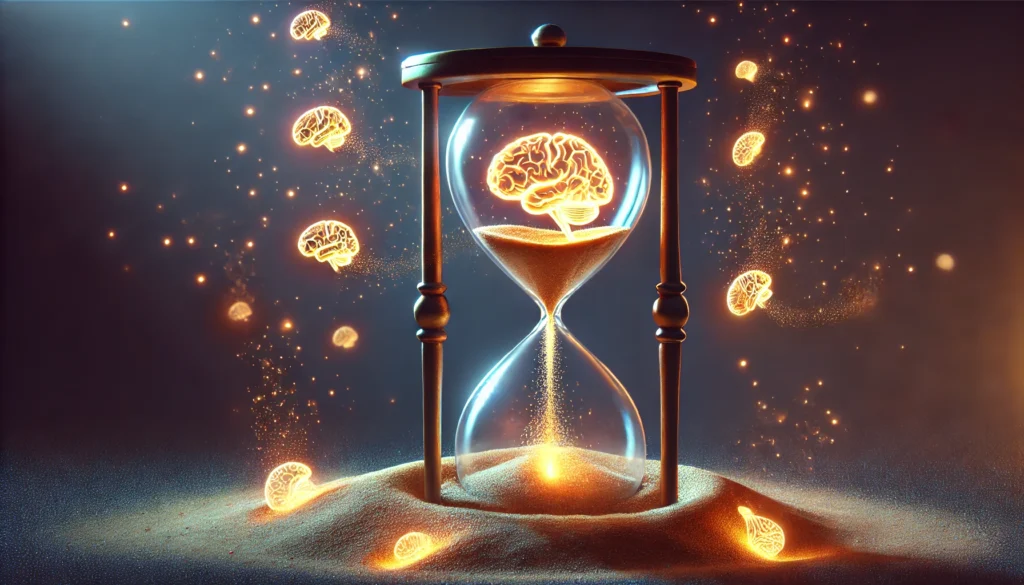 A conceptual depiction of short-term memory capacity, illustrating a glowing hourglass filled with small floating memory fragments. Some gently slip through the sand, representing the temporary storage of information in the mind.