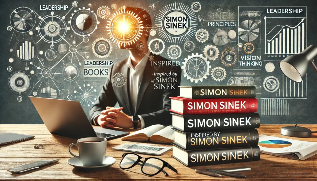 An entrepreneur sitting at a desk with a stack of leadership books, including one inspired by Simon Sinek’s books, in a well-organized workspace with a laptop and vision board, representing inspiration and growth