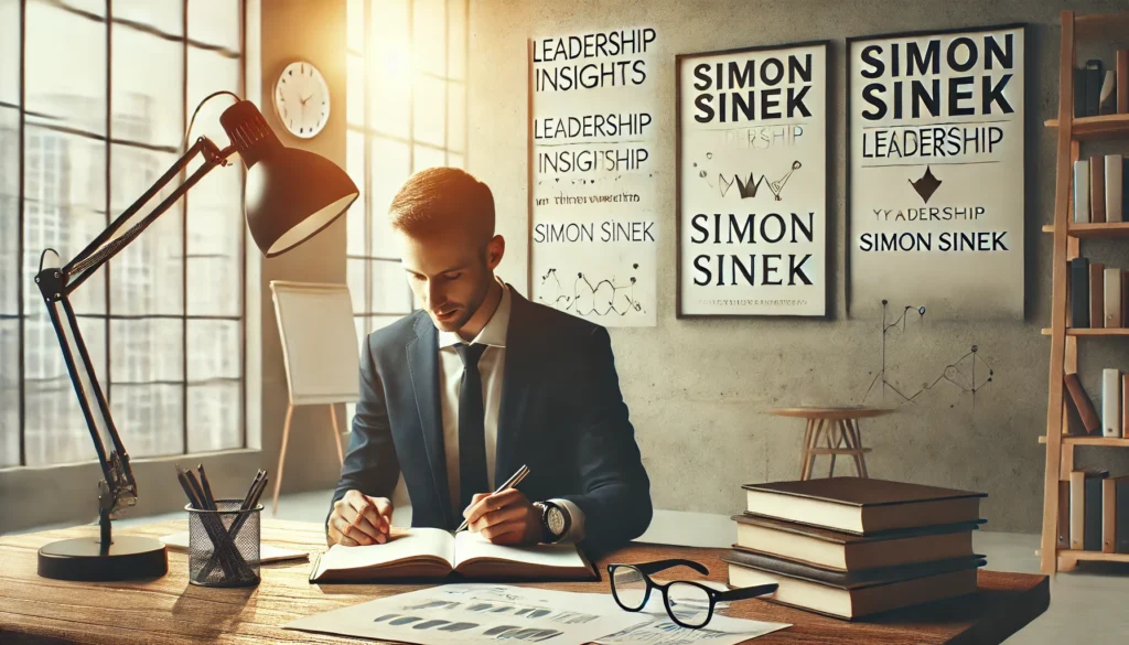 A business professional writing in a journal, reflecting on leadership insights from Simon Sinek’s books, seated in a bright office with natural light and a minimalistic design, emphasizing thoughtful leadership