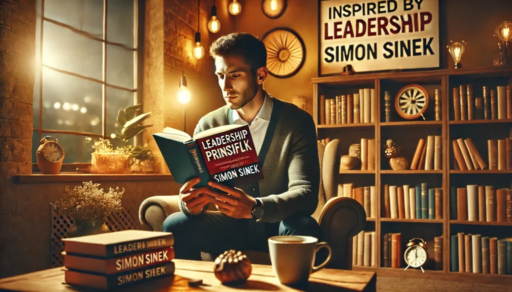 A thoughtful leader sitting in a cozy reading nook, deeply engaged in a book on leadership principles inspired by Simon Sinek’s books, surrounded by warm lighting, a cup of tea, and a bookshelf of motivational reads