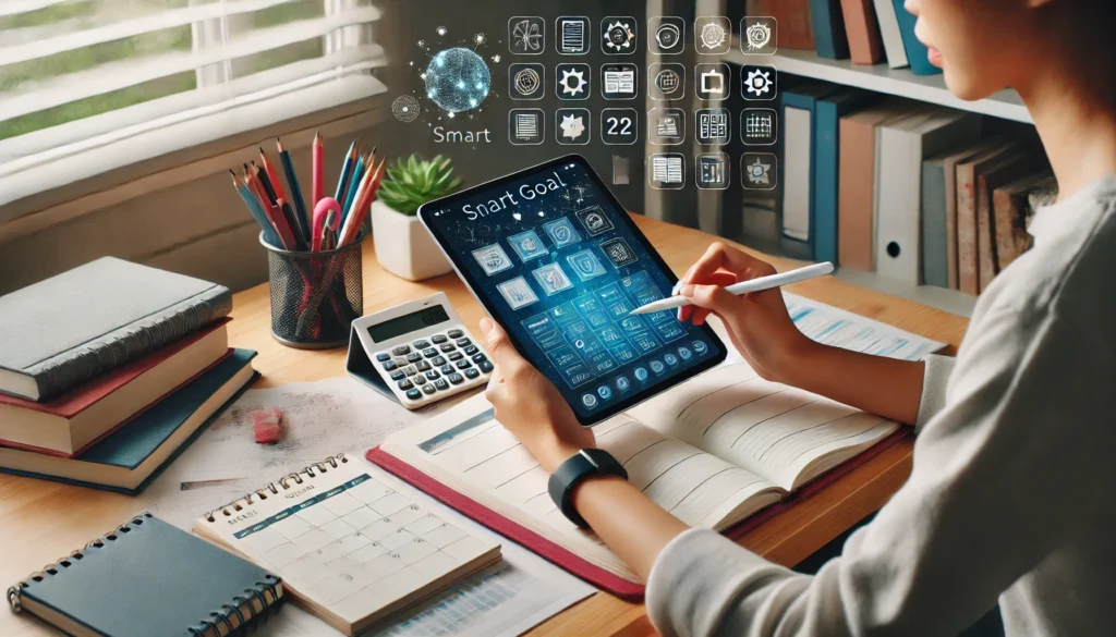 A student using a digital planner on a tablet to set sample SMART goals for students, surrounded by study materials like textbooks and a calendar in a quiet home study environment
