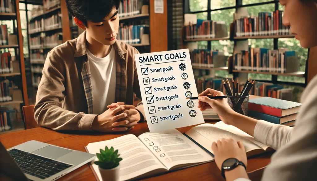 A student working with a tutor in a library, reviewing a printed list of sample SMART goals for students, with books and notes on the table, fostering a supportive learning atmosphere