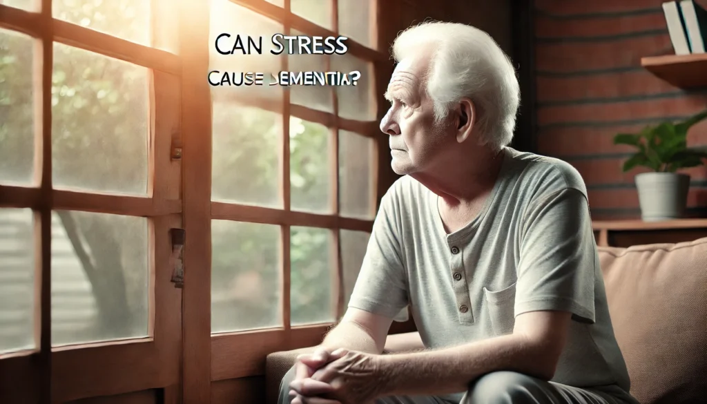 Elderly man looking out of a window, illustrating memory loss and cognitive impact potentially linked to chronic stress and dementia.