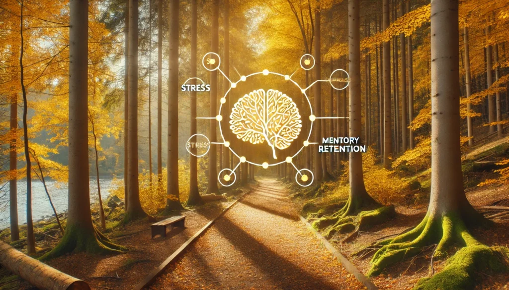 A peaceful forest trail during autumn with golden leaves covering the path and sunlight streaming through the branches, representing calmness and stress management