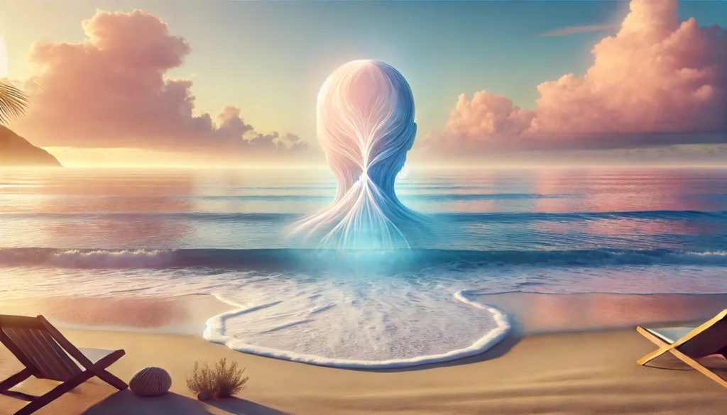 A tranquil beach scene at sunrise with gentle waves and pastel sky colors, evoking relaxation and clarity to overcome stress's effects on memory