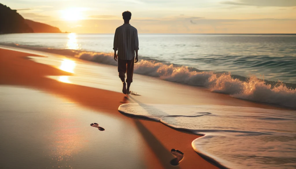 A person walking along a quiet beach at sunset, leaving footprints in the sand as gentle waves touch the shore. The warm colors of the sky and soothing ocean scenery emphasize the stress-reducing effects of walking.