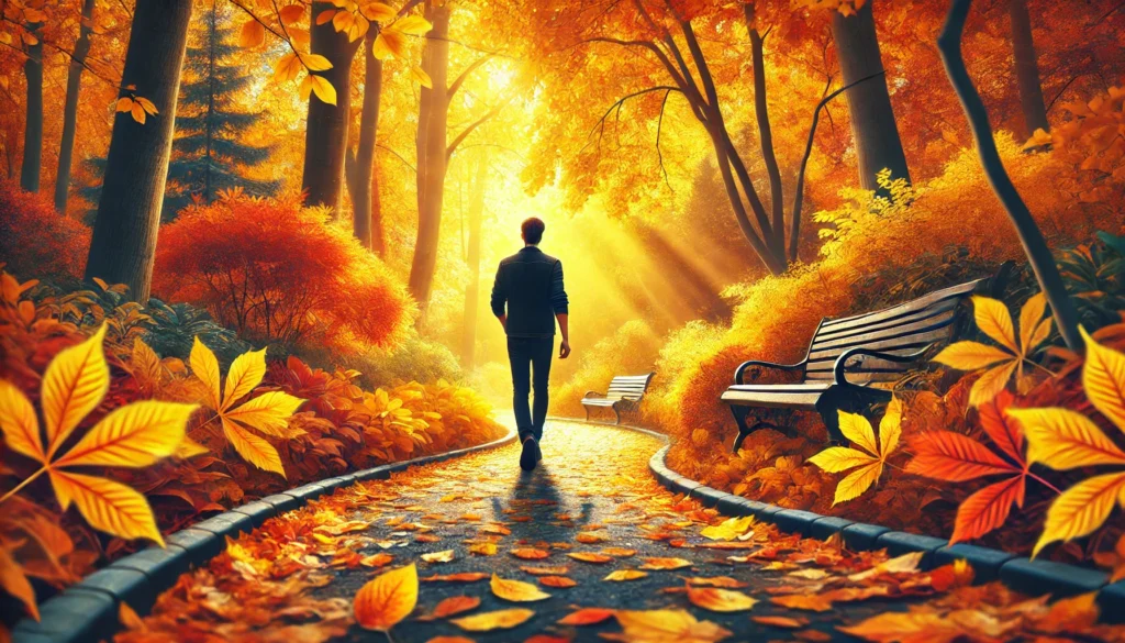 A person walking through a vibrant park filled with golden autumn foliage, enjoying the crisp air and peaceful surroundings. This image illustrates how walking in nature enhances mental clarity and reduces stress.