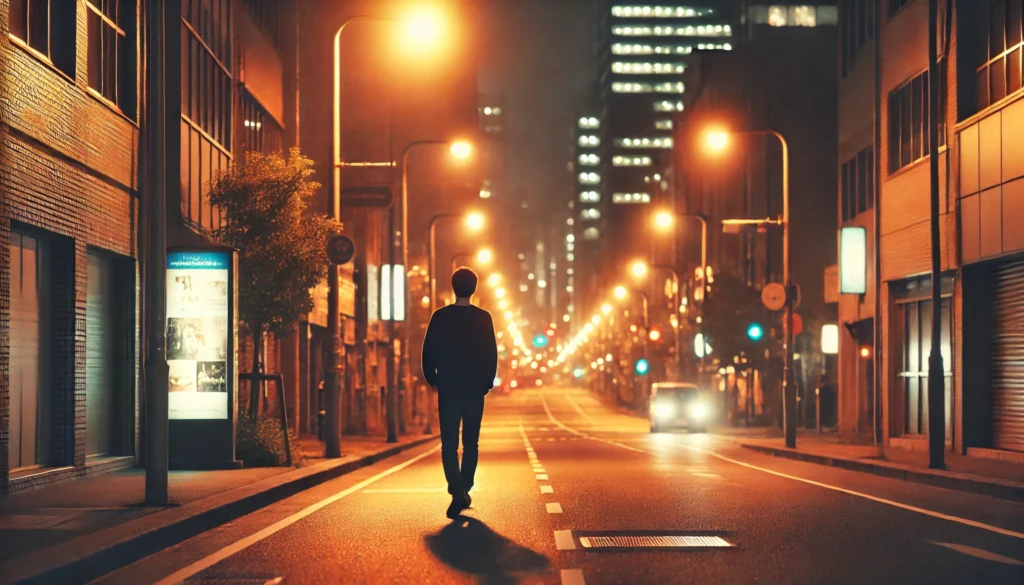 A person strolling down a quiet city street at night, illuminated by warm streetlights. The reflective solitude and gentle glow of the surroundings symbolize the stress-relieving effects of walking, offering a sense of peace and mental relaxation.