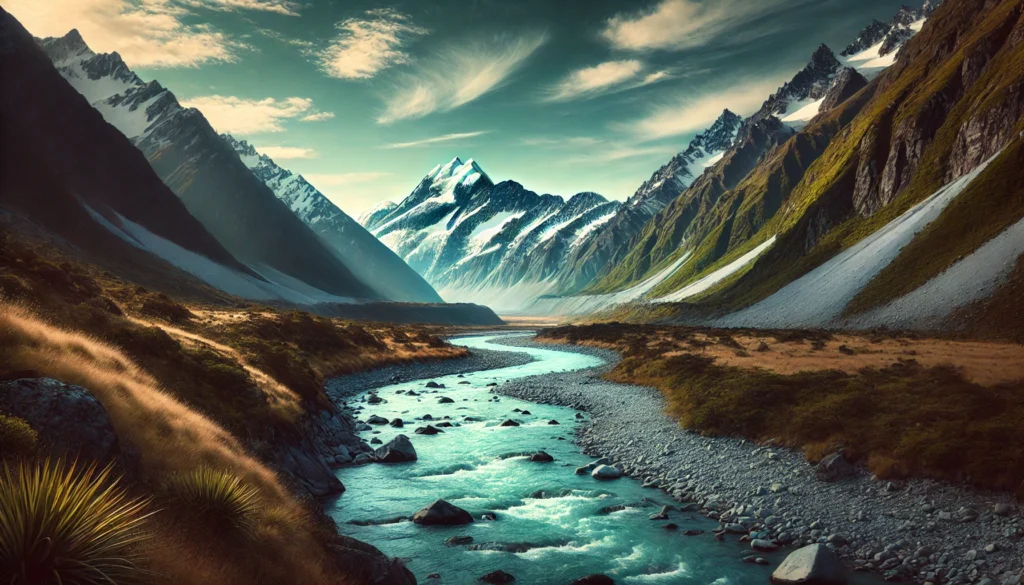 A serene mountain landscape featuring a crystal-clear river in a valley surrounded by snow-capped peaks and a clear blue sky, promoting mindfulness and peace