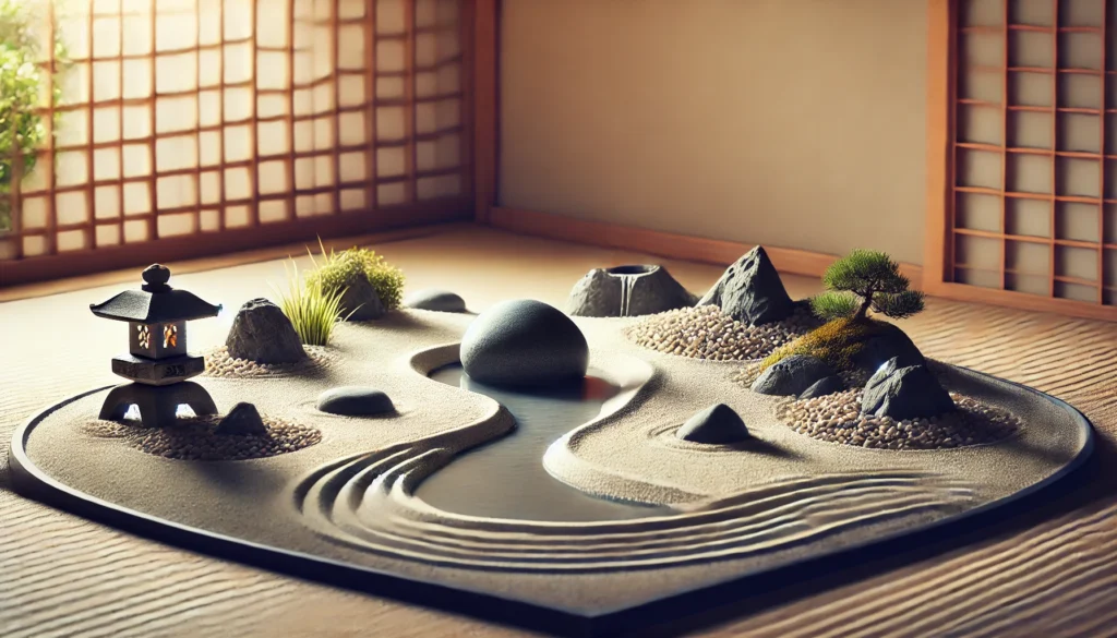 A tranquil Japanese Zen garden with raked sand, smooth stones, and a small water feature, symbolizing balance and mindfulness for reducing stress and enhancing memory