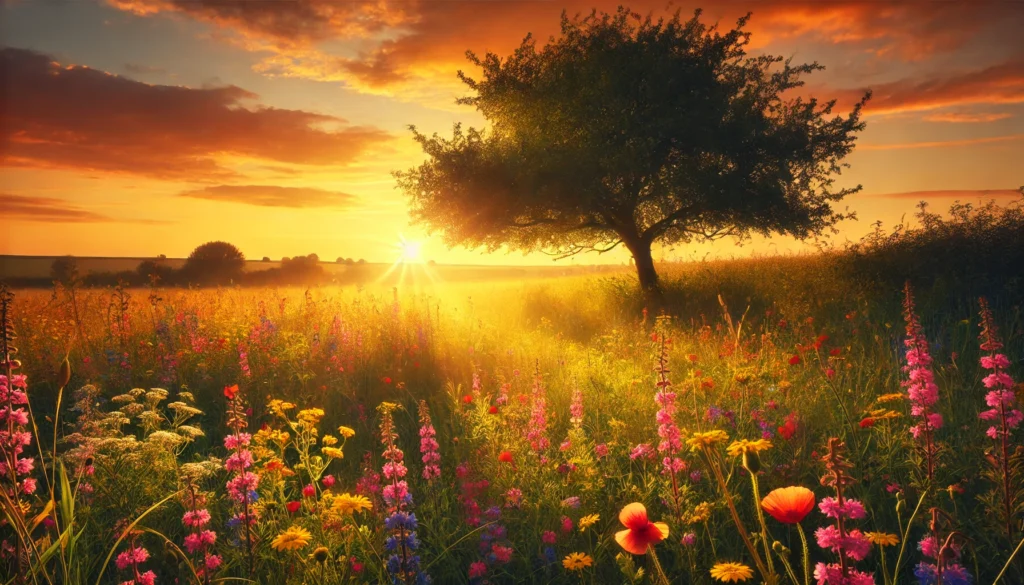 A peaceful meadow filled with vibrant wildflowers under a golden sunset sky, with a single tree offering shade, representing calmness and nature's role in memory and stress management