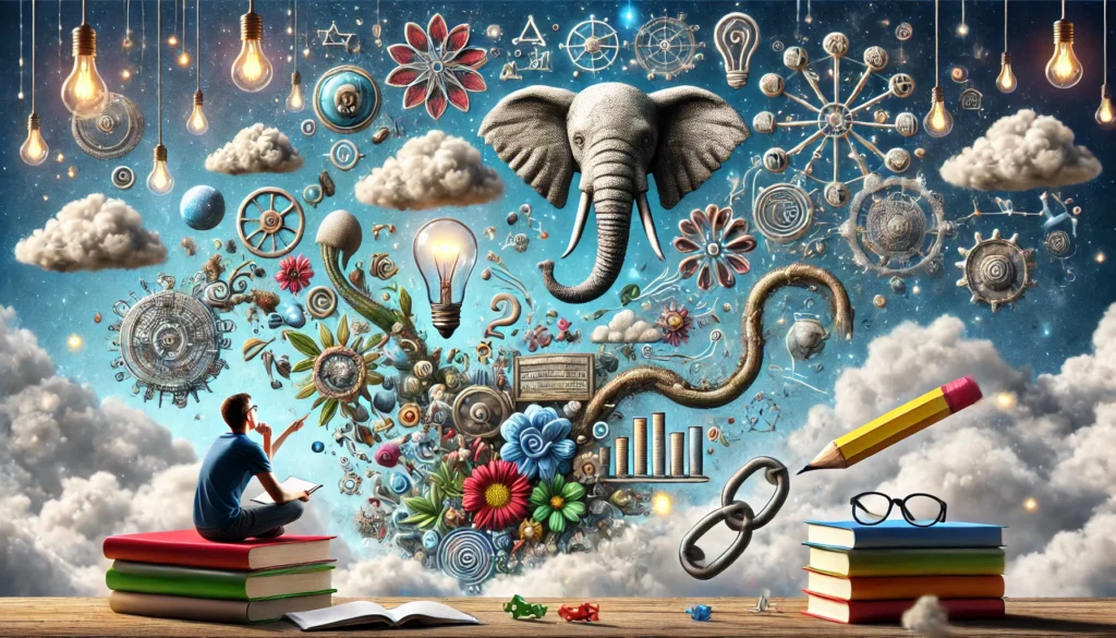An imaginative visualization of the 'Mnemonic Association' technique, featuring a student linking study concepts to vivid, exaggerated images in a surreal, dreamlike setting.