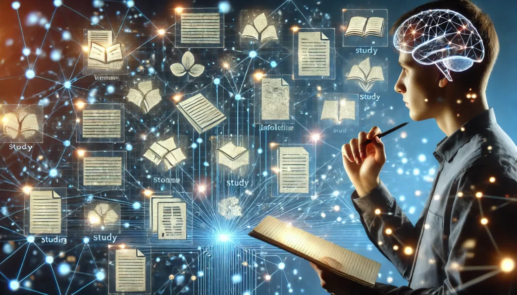 A student using the 'Chunking' memory technique for studying, visually organizing related pieces of information into glowing clusters of notes. The background subtly resembles a neural network, emphasizing cognitive connections.
