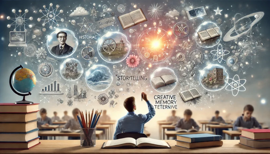 A student practicing the 'Storytelling' memory technique, visualizing study material as an engaging narrative with floating images of historical events, scientific concepts, and ideas forming a cinematic story.